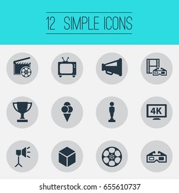 Vector Illustration Set Of Simple Movie Icons. Elements Virtual Reality, Oscar, Sorbet And Other Synonyms Ice, Spotlight And 3D.