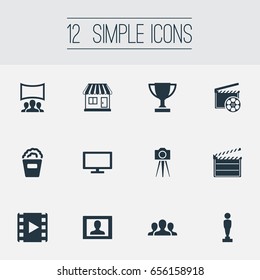 Vector Illustration Set Of Simple Movie Icons. Elements Grocery, Photographing, Premiere And Other Synonyms Screen, Camera And Movie.