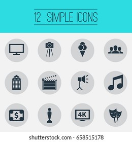 Vector Illustration Set Of Simple Movie Icons. Elements Music Note, Theatre, Oscar And Other Synonyms Oscar, Music And Sundae.