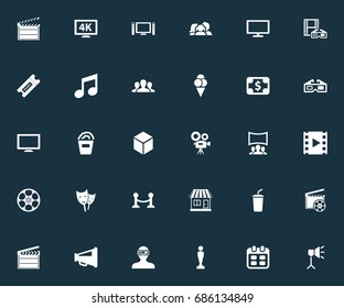 Vector Illustration Set Of Simple Movie Icons. Elements Reel, Viewers, High Resolution And Other Synonyms Play, Music And Action.
