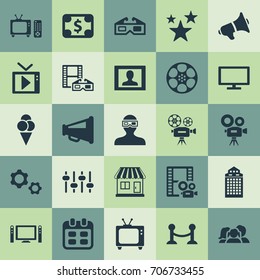 Vector Illustration Set Of Simple Movie Icons. Elements Filmstrip, Structure, Virtual Reality And Other Synonyms Orator, Layout And Rope.