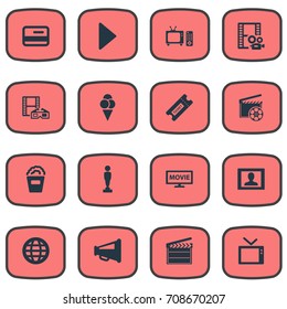 Vector Illustration Set Of Simple Movie Icons. Elements Clapperboard, Pass, Virtual Reality And Other Synonyms Remote, Ticket And 3D.