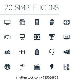 Vector Illustration Set Of Simple Movie Icons. Elements Play, Trophy, Studio Ligtning And Other Synonyms Dollar, Decoration And Popcorn.