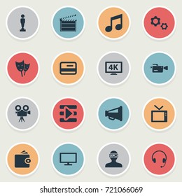 Vector Illustration Set Of Simple Movie Icons. Elements Cogwheel, Play, High Resolution And Other Synonyms Award, Music And Director.