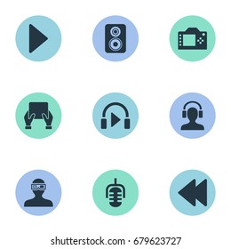 Vector Illustration Set Of Simple Multi Icons. Elements Music Listening, Meloman, Loudspeaker And Other Synonyms Camera, Backward And Record.