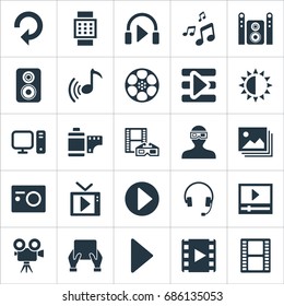 Vector Illustration Set Of Simple Multi Icons. Elements Begin, Negative Roll, Movie Streaming And Other Synonyms Hand, Film And Smart.