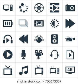 Vector Illustration Set Of Simple Multi Icons. Elements Tripod, Charge, Ultra Display And Other Synonyms Note, Backward And Camera.