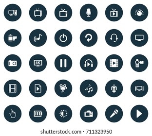 Vector Illustration Set Of Simple Multi Icons. Elements Photo Apparatus, Play, Instrument And Other Synonyms Microphone, Full And Hand.