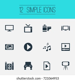 Vector Illustration Set Of Simple Multi Icons. Elements Cellphone, Document, Touchscreen And Other Synonyms Display, Start And Image.