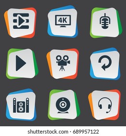 Vector Illustration Set Of Simple Multimedia Icons. Elements Start Audio, Update, Tripod And Other Synonyms Earphone, Record And Cam.