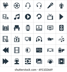 Vector Illustration Set Of Simple Multimedia Icons. Elements Earmuff, Home Theater, Reel And Other Synonyms Regulation, Shine And Crotchets.