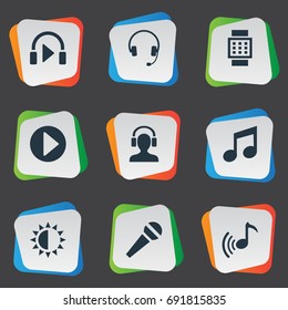 Vector Illustration Set Of Simple Multimedia Icons. Elements Wrist Device, Mike, Meloman And Other Synonyms Adjustment, Mike And Karaoke.
