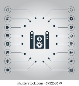 Vector Illustration Set Of Simple Multimedia Icons. Elements Music Listening, Web Cam, Earmuff And Other Synonyms Hand, Listen And Headphones.