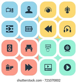 Vector Illustration Set Of Simple Multimedia Icons. Elements Web Cam, Playlist, Tv And Other Synonyms Record, Battery And Direction.