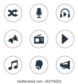 Vector Illustration Set Of Simple Music Icons. Elements Loudspeaker, Play, Vintage Reciever And Other Synonyms Microphone, Talk And Protest.