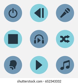 Vector Illustration Set Of Simple Music Icons. Elements Previous, Multimedia Buttons, Speech And Other Synonyms Melody, Arrow And Start.