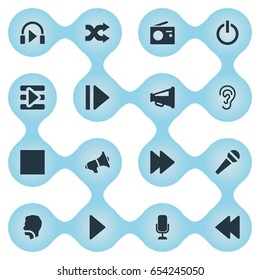 Vector Illustration Set Of Simple Music Icons. Elements Multimedia Buttons, Singing, Playback And Other Synonyms Voice, Ear And Speak.