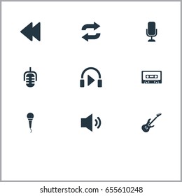 Vector Illustration Set Of Simple Music Icons. Elements Backwards, Record, Mix And Other Synonyms Cassette, Tunes And Megaphone.
