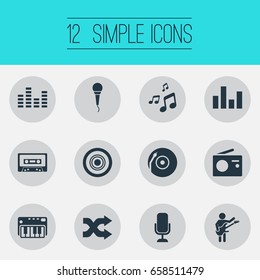 Vector Illustration Set Of Simple Music Icons. Elements Cartridge, Record, Balance Beam And Other Synonyms Cover, Vintage And Cartridge.