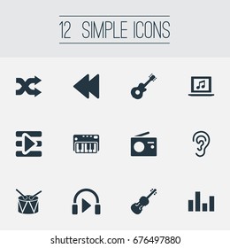 Vector Illustration Set Of Simple Music Icons. Elements Podcast, Digital Player, Instrument And Other Synonyms Shuffle, Hear And Instrument.
