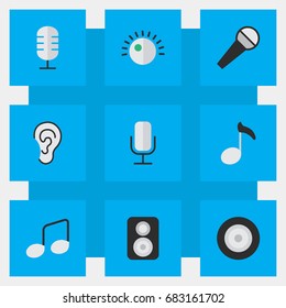 Vector Illustration Set Of Simple Music Icons. Elements Loudspeaker, Microphone, Record And Other Synonyms Mike, Sound And Sign.