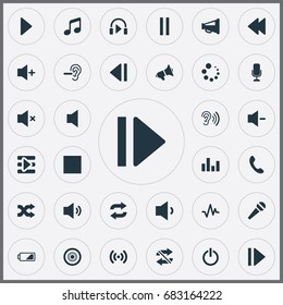 Vector Illustration Set Of Simple Music Icons. Elements Silent, Headphone, Stop And Other Synonyms Speech, Low Battery And Stop.