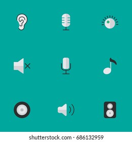 Vector Illustration Set Of Simple Music Icons. Elements Listen, Regulator, Loudness And Other Synonyms Hear, Music And Mute.