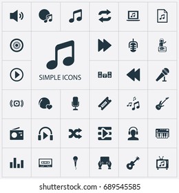 Vector Illustration Set Of Simple Music Icons. Elements Amplifier, Random, File Synonyms Backward, Left And Bass.