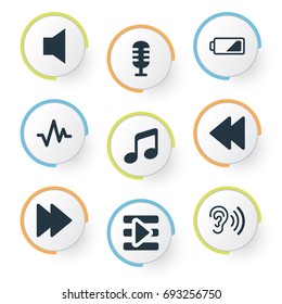 Vector Illustration Set Of Simple Music Icons. Elements Mike, Next, Musical Symbol And Other Synonyms Collection, Low And Music.