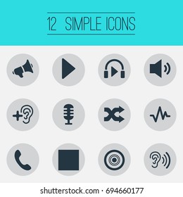 Vector Illustration Set Of Simple Music Icons. Elements Headphone, Up, Telephone And Other Synonyms Music, Recorder And Listen.