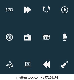Vector Illustration Set Of Simple Music Icons. Elements Broadcast, Start, Forward And Other Synonyms Broadcast, Notes And Electronic.