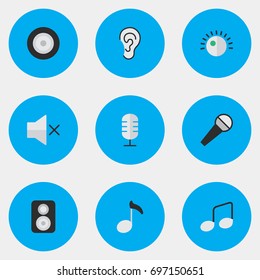 Vector Illustration Set Of Simple Music Icons. Elements Loudspeaker, Volume, Mike And Other Synonyms Listen, Regulator And Ear.