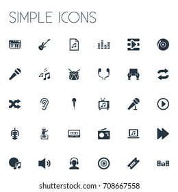 Vector Illustration Set Of Simple Music Icons. Elements Synthesizer, Microphone, Album And Other Synonyms Next, Piano And Earmuff.