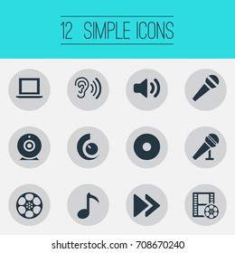 Vector Illustration Set Of Simple Music Icons. Elements Rewind, Volume, Notebook And Other Synonyms Ear, Cinema And Film.