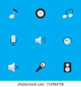 Vector Illustration Set Of Simple Music Icons. Elements Record, Music Sign, Loudness And Other Synonyms Mic, Microphone And Volume.