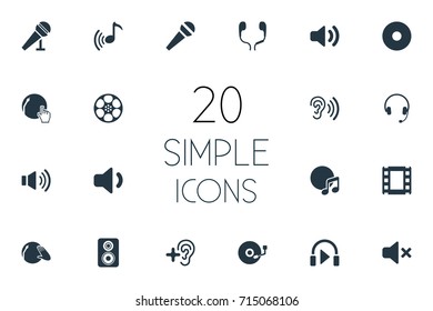 Vector Illustration Set Of Simple Music Icons. Elements Karaoke, Silence, Tape And Other Synonyms Hear, Mute And Vinyl.