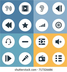 Vector Illustration Set Of Simple Music Icons. Elements Playback, Vintage Reciever, Increase And Other Synonyms Star, Plus And Louder.