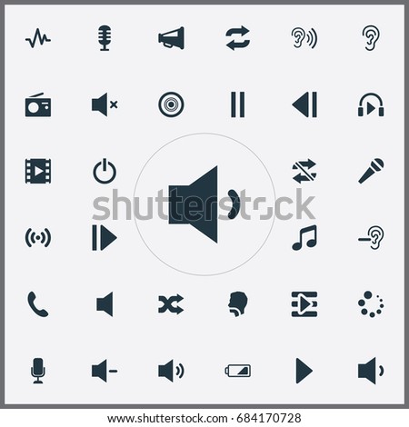 Vector Illustration Set Of Simple Music Icons. Elements Vintage Reciever, Pulse, Charge And Other Synonyms Bass, Loudspeaker And Shutdown.