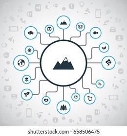 Vector Illustration Set Of Simple Natural Icons. Elements Air, Jungle, Pinnacle And Other Synonyms Summit, Plant And Environment.