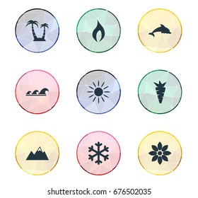 Vector Illustration Set Of Simple Natural Icons. Elements Sunlight, Grampus, Winter And Other Synonyms Summit, Shine And Root.