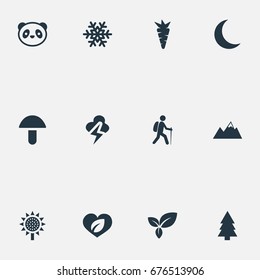 Vector Illustration Set Of Simple Nature Icons. Elements Travel, Frost, Crescent And Other Synonyms Sunflower, Leaf And Herb.