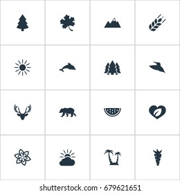 Vector Illustration Set Of Simple Nature Icons. Elements Pinnacle, Reef, Polar Bear And Other Synonyms Wing, Watermelon And Sunrise.