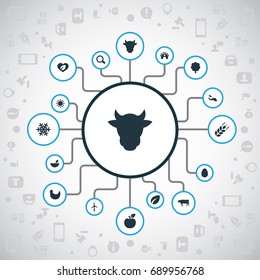 Vector Illustration Set Of Simple Nature Icons. Elements Frost, Grain, Organic And Other Synonyms Hen, Protection And Cow.