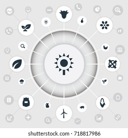 Vector Illustration Set Of Simple Nature Icons. Elements Turbine, Grinder, Spring And Other Synonyms Foliage, Dairy And Blossom.