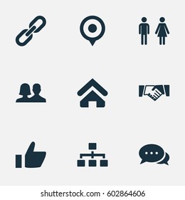 Vector Illustration Set Of Simple Network Icons. Elements Structure, Handshake, Talking Synonyms Chat, Connection And Man.