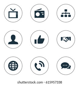 Vector Illustration Set Of Simple Network Icons. Elements Thumb, Talking, Walkie And Other Synonyms Deal, Talking And Global.