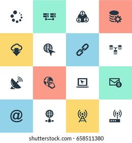 Vector Illustration Set Of Simple Network Icons. Elements Antenna, Server Transferring, Chain And Other Synonyms Server, Antenna And Laptop.