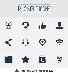 Vector Illustration Set Of Simple Network Icons. Elements Radio Tower, Thumb, Refresh And Other Synonyms Number, Like And Listen.