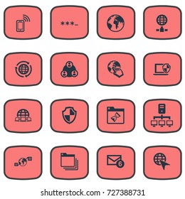 Vector Illustration Set Of Simple Network Icons. Elements Teamwork, Planet, Mobile Contact And Other Synonyms Parole, Mail And Cloud.