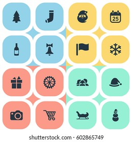 Vector Illustration Set Of Simple New Year Icons. Elements Forest, Snow, Funfair And Other Synonyms Cap, Shopping And Date.